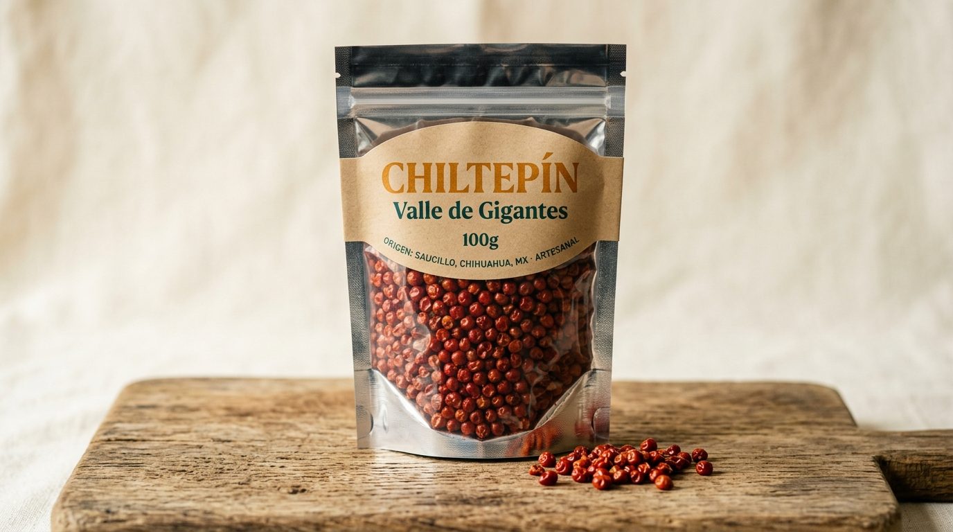 Frasco de vidrio de 100 g de chiltepín seco Valle de Gigantes sobre tabla de madera, empaque gourmet retail