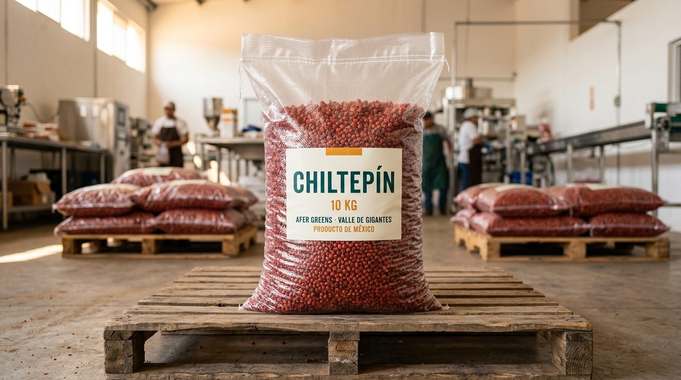 Costal industrial kraft de 10 kg de chiltepín AFER Greens Producto de México sobre tarima en almacén de exportación