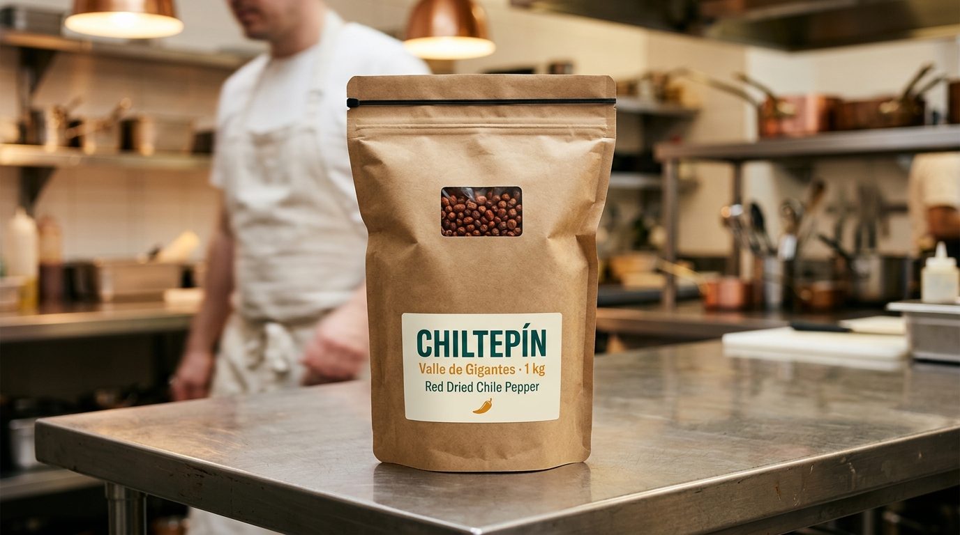 Bolsa resellable kraft de 1 kg de chiltepín Valle de Gigantes en cocina profesional HoReCa