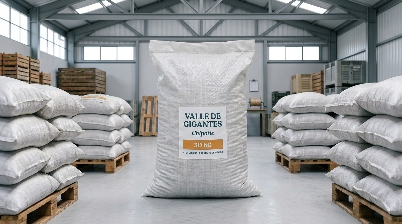 Arpilla de plástico blanco AFER Greens de 30 kg con chipotle artesanal ahumado, formato a granel para industria y exportación
