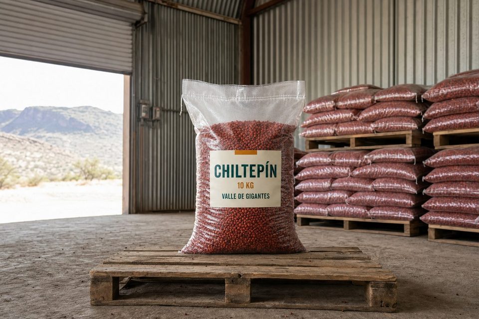 Saco de 10 kg de chiltepín Valle de Gigantes sobre tarima