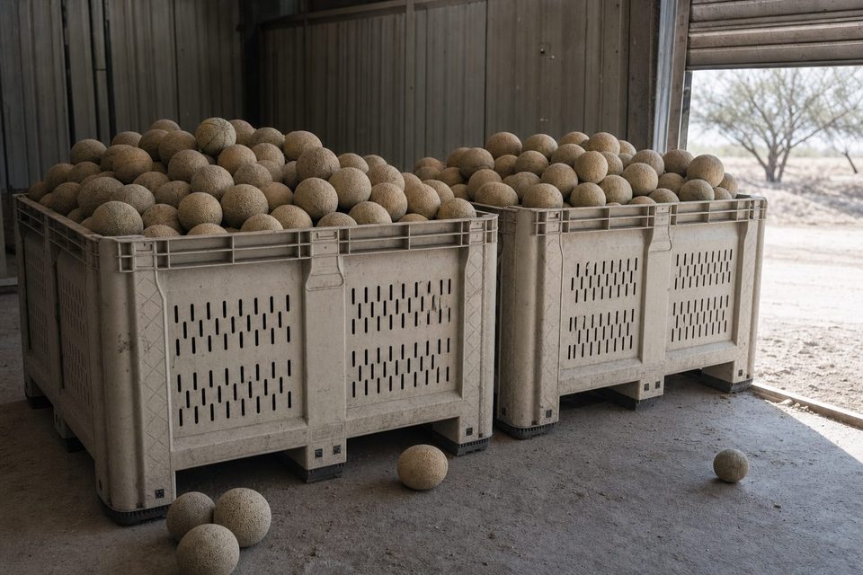 Macrobin de madera con melón a granel sobre tarima