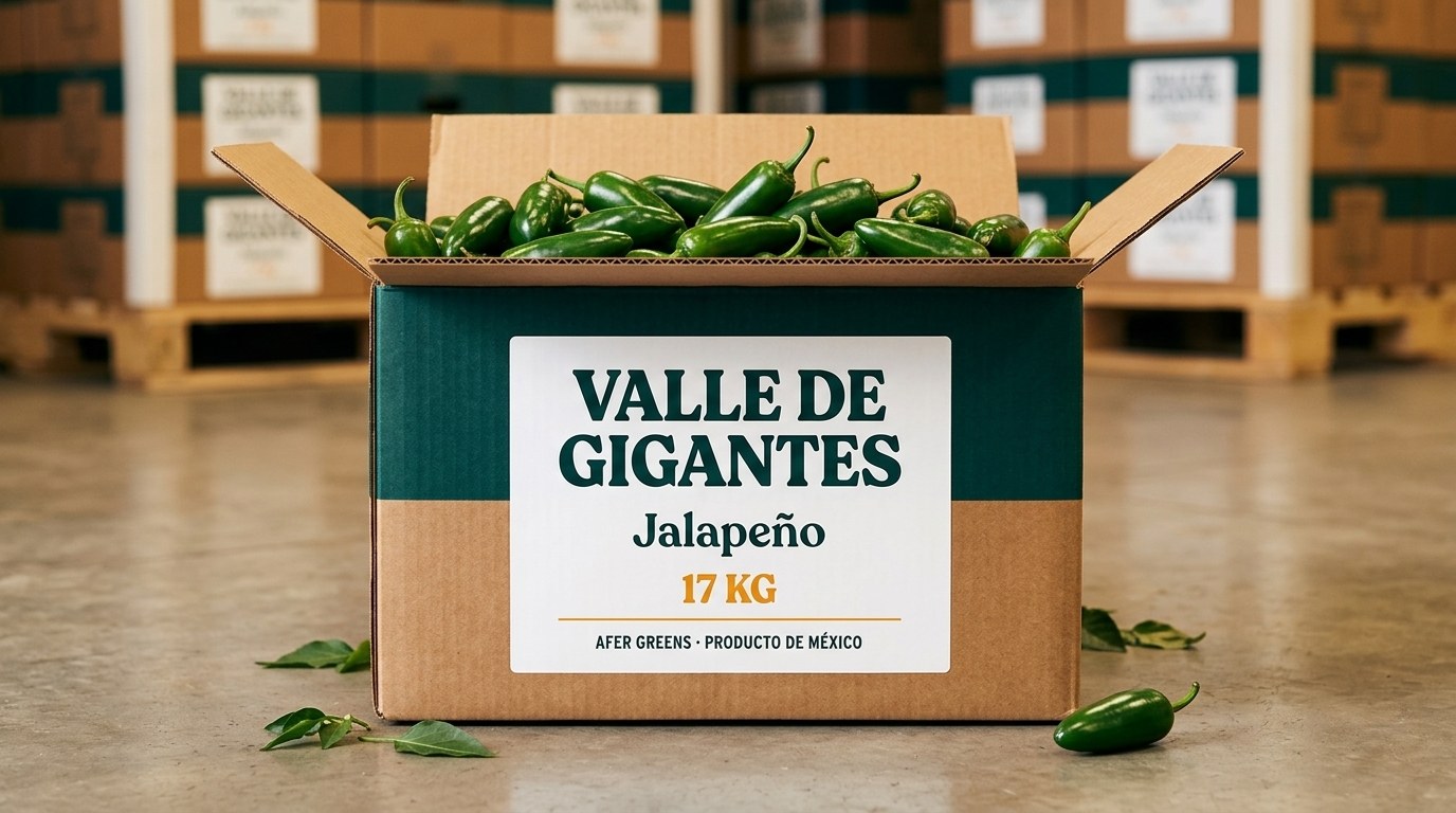 Caja de cartón AFER Greens de 17 kg (1 1/9 bushel) con jalapeños frescos en piso de empaque de exportación