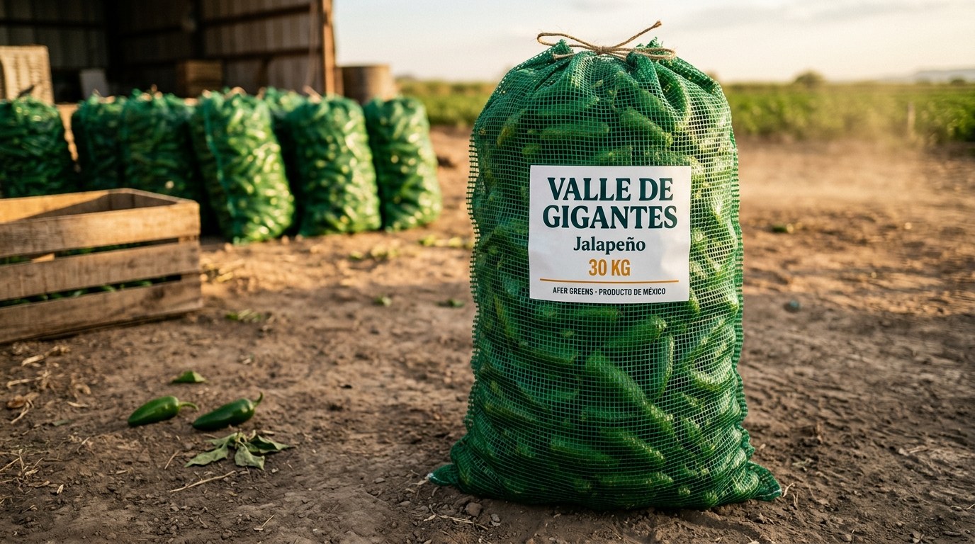 Arpilla de malla verde de 30 kg con jalapeños frescos AFER Greens, formato a granel para procesadora