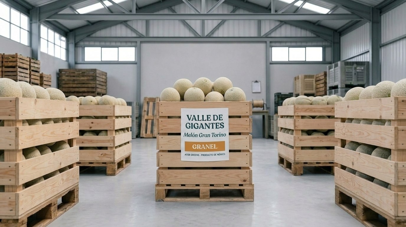 Macrobin de madera con melón Gran Torino F1 a granel sobre tarima en almacén de empaque AFER Greens